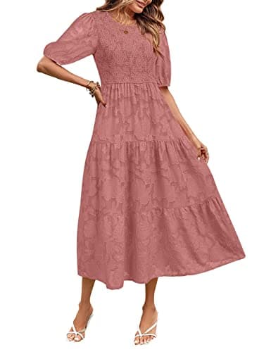 MEROKEETY Women's 2025 Summer Cute Bubble Sleeve Shirred Bohemian Dress Flowy Pleated Midi Long Dresses,Tearose,M - Image 1