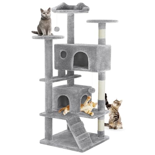 DUMOS 54-inch Indoor Cat Tree Tower –Multi-Level Pet House for Large Cats with 2 Condos, Scratching Posts, Round Platform, Small Ladder, and Toys, Light Grey - Image 1
