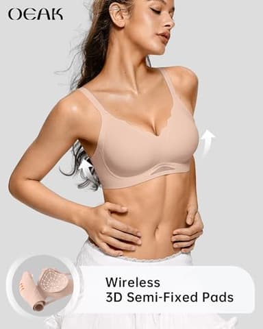 OEAK Womens Wireless Bras Scalloped Push Up Bralettes No Underwire Supportive Tshirt Bra Seamless Comfortable Everyday Bras L Nude - Image 2