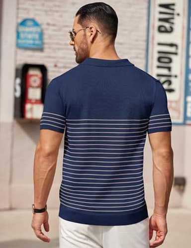 COOFANDY Men's Knitted Polo Shirts Short Sleeve Casual Golf Shirts Vintage Striped Shirts, Navy Blue, Medium - Image 3