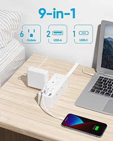 Power Strip Surge Protector, Olcorife Ultra Thin Flat Plug Extension Cord 5ft, 6 Outlets 3 USB Ports(1 USB C), 3 Sided Outlet Extender for Home Office Travel Dorm Room Essentials, White - Image 3