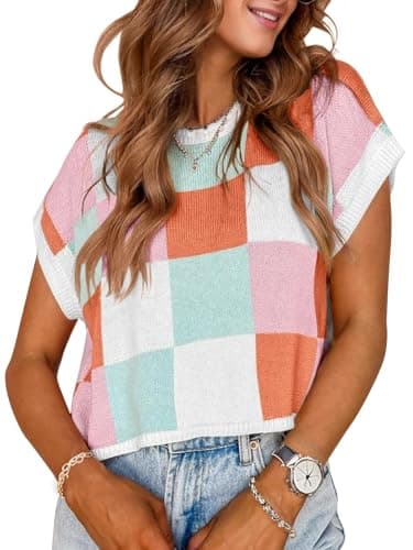 Womens Fall Crop Tops 2025 Cap Short Sleeve Sweater Western Loose Pullover Business Vacation Outfits Trendy Winter Top Pink - Image 1