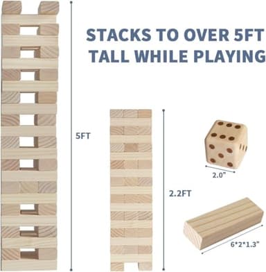 Megwoz Giant Tumble Tower Family Games for Kids and Adults 60 Blocks New Zealand Pine Wooden Blocks Stacking Up to 5 FT for Indoors Outdoors Yard Games for Family - Image 3