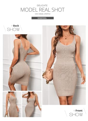 Sidefeel Dresses for Women 2025 Spring V Neck Ribbed Knit Tank Sleeveless Summer Sundress Sexy Bodycon Club Night Out Dresses X-Small Khaki - Image 4