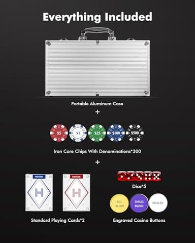 HEITOK Poker Set with Denominations, 300-pcs 11.5g Weighted Numbered Chips, 5 Dice, 2 Decks with Compact Aluminum Case for Texas Hold'em, Blackjack, Age 8 and Plus - Image 6