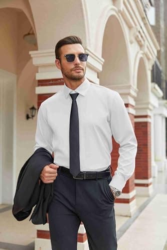 COOFANDY Mens Wrinkle Free Shirts Long Sleeve Dress Shirt Formal Business Office Button Up Shirts A White M - Image 2