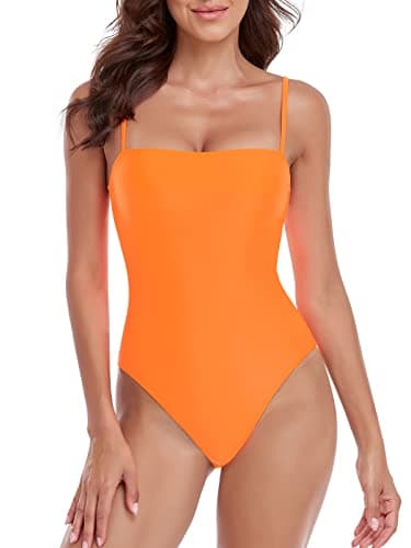 RELLECIGA Women's Orange High Cut Bandeau One Piece Swimsuits with Adjustable Shoulder Straps Size Medium - Image 3
