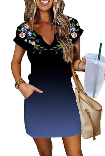 Beach Dress for Women Summer Boho Floral Short Sleeve T Shirt Dresses Casual Cover Ups Flowy Mini Dress - Image 1
