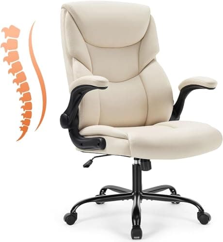 Sweetcrispy Ergonomic Office Chair Heavy Duty Task Desk Chair with Flip-up Arms, PU Leather, Adjustable Swivel Rolling Chair with Wheels, Beige - Image 1