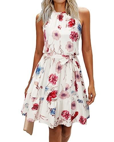 Newshows Women's 2025 Summer Dress Halter Casual Beach Vacation Outfits Hawaiian Dresses Ruffle Belted Sundress with Pockets(Floral-4, L) - Image 1
