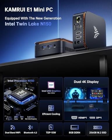 KAMRUI Essenx E1 Mini PC, Small Computer Twin Lake- N150 up to 3.6 GHz(Upgraded N100), Mini Desktop Computer 8GB DDR4 256GB SSD, 2.4G/ 5.0G WiFi, BT, 4K for Business, Home, Office Family-NAS - Image 2