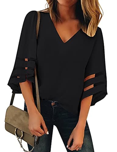 LookbookStore Women's Plus Size Summer Tops, Dressy Casual V-Neck Blouses, 3/4 Sleeve Black Shirt XXL 20-22 - Image 1