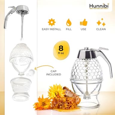 Hunnibi 8oz No Drip Glass Honey Dispenser with Plastic Top - Honeycomb-Style Syrup Server and Bee-Themed Storage Jar with Stand - 6" Clear Container for Honey, Maple Syrup - Image 4