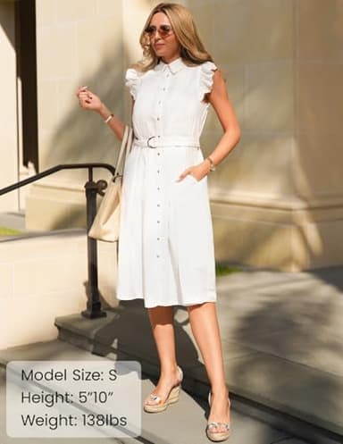 ZESICA Women's 2025 Summer Boho Button Midi Dresses Casual V Neck Flutter Sleeve Belted Long Dresses with Pockets,White,Large - Image 7