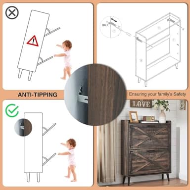 Barnyatoh Shoe Storage Cabinet,Farmhouse Shoe Organizer with 2 Flip Drawers & Barn Door Design,Freestanding Hidden Slim Narrow Shoe Rack Cabinet for Entryway,Foyer,Hallway,Dark Oak - Image 7