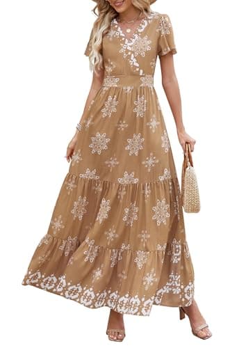 PRETTYGARDEN Womens 2025 Summer Casual V Neck Boho Maxi Dress Flowy Aline Bell Sleeve Tiered Floral Dresses with Pocket (Floral Khaki White,Medium) - Image 1