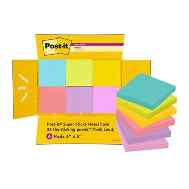 Post-it Super Sticky Notes, 3x3 in, 6 Pads/Pack, 90 Sheets/Pad, Amazon Exclusive Bright Color Collection, Aqua Splash, Acid Lime, Tropical Pink, Sunnyside, Guava and Iris Infusion - Image 1