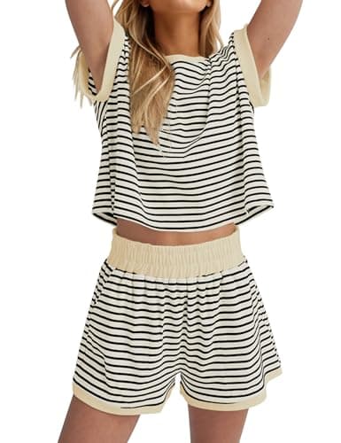 MISSACTIVER 2 Piece Lounge Set Women Stripe Knit Short Sleeve Tee Shirts Shorts Casual Summer Loungewear Shorts Sets - Image 1
