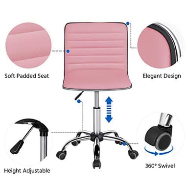 Yaheetech Pink Low Back PU Leather Ribbed Armless Office Chair, Ergonomic Swivel Task Chair with Wheels for Women - Image 4
