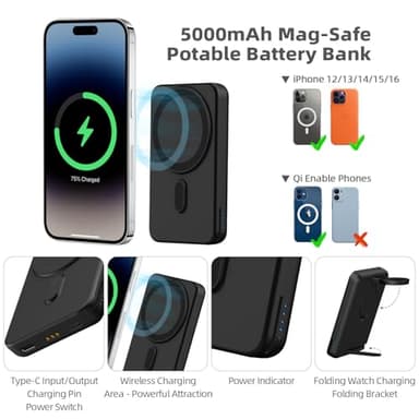 DDUAN Foldable Wireless Charging Station: 3-in-1 Charger Stand with 5000mAh Portable Power Bank for iPhone 16/15/14/13/12 - Removable Battery Pack for Apple Watch (Black) - Image 3