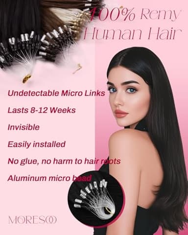Moresoo Hair Extensions Microlink Human Hair Jet Black Micro Link Hair Extensions Human 18 Inch Hair Micro Bead Extensions Real Human Hair Black Microlink Extensions 50G/50S 18 Inch - Image 2