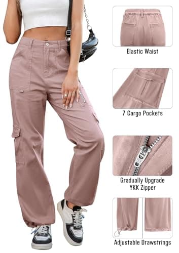 IVIR Cargo Pants Women Adjustable Waist High Waisted Cargo Pants Hiking Pants Baggy Travel Pink Large - Image 3