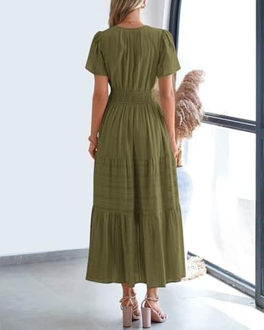 BTFBM Womens Summer 2025 Casual Midi Maxi Dresses Lightweight Short Sleeve V Neck Elastic Waist Boho Beach Dress Pockets - Image 4