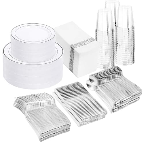 WDF Partyware 350 Pcs Silver Plastic Plates - Silver Dinnerware Set of 50 Dinner Plates 50 Dessert Plates 50 Silverware 50 Napkins 50 Cups for Party&Wedding - Image 1