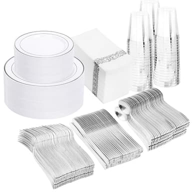 WDF Partyware 350 Pcs Silver Plastic Plates - Silver Dinnerware Set of 50 Dinner Plates 50 Dessert Plates 50 Silverware 50 Napkins 50 Cups for Party&Wedding - Image 1