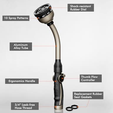 RESTMO Watering Wand Heavy Duty, Metal Garden Hose Wand with 10 Spray Patterns, 15-Inch Long Hose Nozzle Sprayer with Thumb Flow Control, Ideal to Water Hanging Baskets and Shrubs - Image 2