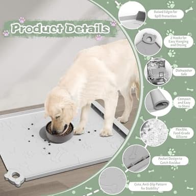 Silicone Dog Food Mat - Pet Feeding Mat with Waterproof Bowl, Residue Collection Pocket and Raised Edges, Hooks Included - Suitable for Cats and Dogs - Image 3