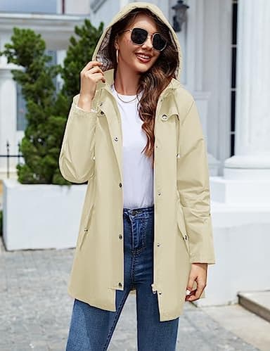 LOMON Women Rain Jacket Lightweight Hooded Jackets Women Lined Trench Coats Waterproof Outdoor Hiking Raincoat Beige L (Cute Plaid Lining) - Image 5