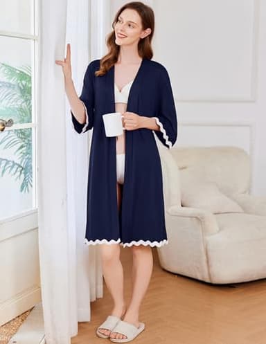 Ekouaer Women Kimono Robe 3/4 Sleeves Loungewear Dress Knee Length Sleepwear Pockets Housecoat Short Bathrobe - Image 4