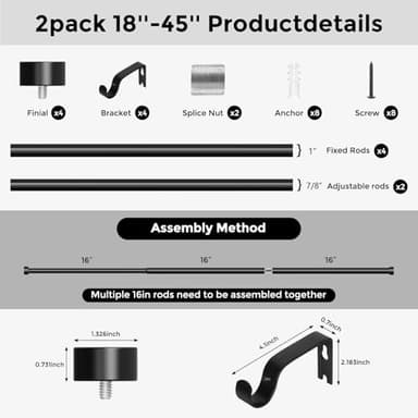 VOIIY 2 Pack Curtain Rods for Windows 18 to 42 Inch(1.5-3.5 Feet),Black 1'' Diameter Drapery Rods with End Cap Style Design,Modern Adjustable Heavy Duty Curtain Rod,Size:18''-42'' - Image 8