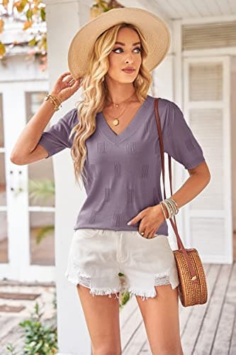 Arach&Cloz Women's Summer Fall Tops 2025 Short Sleeve Plus Size Sweaters V Neck Trendy Fashion Knit Clothes Dressy Cute Casual Outfits Business Work Blouse Grey Purple M - Image 2