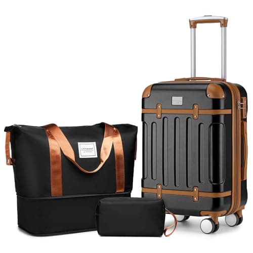 LARVENDER Luggage Sets 3 Piece, Expandable Carry on Luggage 22x14x9 Airline Approved Hardshell Suitcases with Spinner Wheels TSA Lock, Vintage Rolling Luggage for Men and Women, Black - Image 1