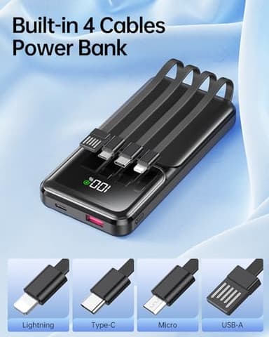 Portable Charger with Built in Cable - Power Bank Fast Charging 22.5W USB C 10000mAh LED Display Travel Battery Pack 5 Outputs & 3 Inputs for iPhone Samsung Android iPad Phones Tablets etc - Image 2