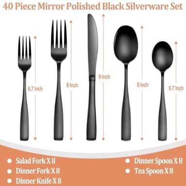 40 Pcs Black Silverware Set, Stainless Steel Flatware Set for 8, Food-Grade Cutlery Set, Mirror Polished Tableware Eating Utensils Set for Home Kitchen, Include Knife Fork Spoon Set, Dishwasher Safe - Image 2