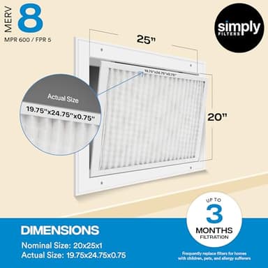 Simply 20x25x1 Air Filter, Merv 8, MPR 600, 6 Pack, For Home AC Furnace & HVAC (Actual Size: 19.75"x24.75"x0.75") DUST, Pet, & Allergy Control - Image 3