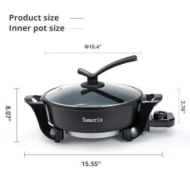 Samoris Electric Skillet with lid 3 Quart 10 Inch Round Cooker with Nonstick Coating,Electric Hot Pots and Frying Pan,Adjustable Temperature, Tempered Glass Lid with Vent, 1200W,Black - Image 5