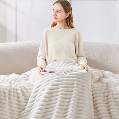 BEDELITE Twin Blanket for Couch & Bed, 300GSM Soft & Warm Fleece Blanket, Decorative and Giftable Striped Cream White Blankets for Women, Men, 60"x80" - Image 3
