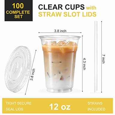 VITEVER 100 Sets - 12oz Clear Plastic Cups with Lids and Straws, Disposable Cups for Iced Coffee, Smoothie, Milkshake, Cold Drinks - Image 3