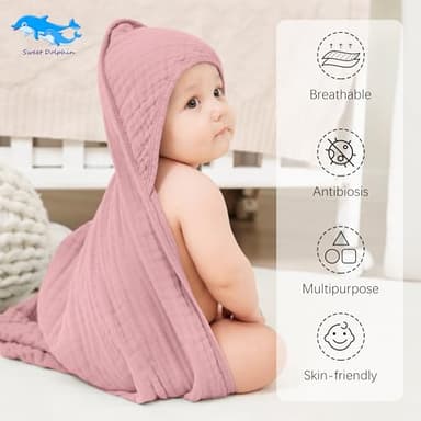 SWEET DOLPHIN Muslin Hooded Baby Bath Towels - 2 Pack 100% Cotton Towel for Babies, Infants, Toddlers - 32x32Inch - Highly Absorbent and Newborn Essential, Light Sakura - Image 2