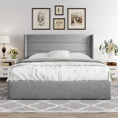 Allewie Queen Size Lift Up Storage Bed, Modern Wingback Headboard, Hydraulic Support, No Box Spring Needed, Light Grey - Image 7