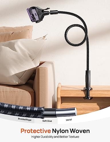 Aomiker Gooseneck Phone Holder for Bed - [2025 Upgrade Nylon Braid] 38” Long Flexible Lazy Arm Clip, 360 Adjustable Overhead Phone Mount for iPhone 15 14 13 12 11 Pro Max Mini Plus, all 4-7" Cellphone - Image 3