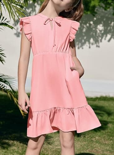 DOKOTOO KIDS Girls Summer Dress Flutter Ruffle Sleeve A-Line Dresses Casual Boho Vacation Sundress Pink 6-7 Years - Image 2