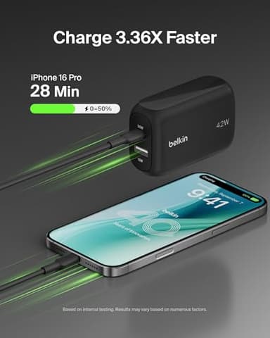 Belkin Dual Port Charger Block 42W, USB-C + USB-A Charger Super Fast Charging - Samsung Galaxy S25, Apple iPhone 17, Air, Pro, Pro Max, iPad, AirPods, Apple Watch, Nintendo Switch 2 & More - Black - Image 2
