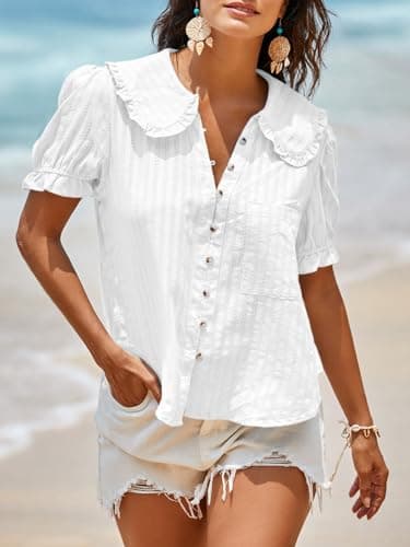Tankaneo Womens Puff Sleeve Shirts Peter Pan Collar Button Down Cotton Blouse Casual Summer Textured Tops White - Image 3