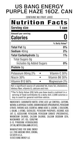 Bang Energy Purple Haze, Sugar-Free Energy Drink, 16 Ounce (Pack of 12) - Image 2
