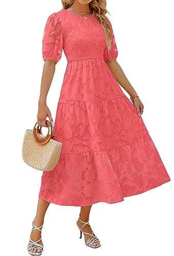 ZESICA Women's 2025 Summer Short Puff Sleeve Crewneck Smocked Floral Lace Flowy A Line Tiered Maxi Dresses,Watermelon,Large - Image 1